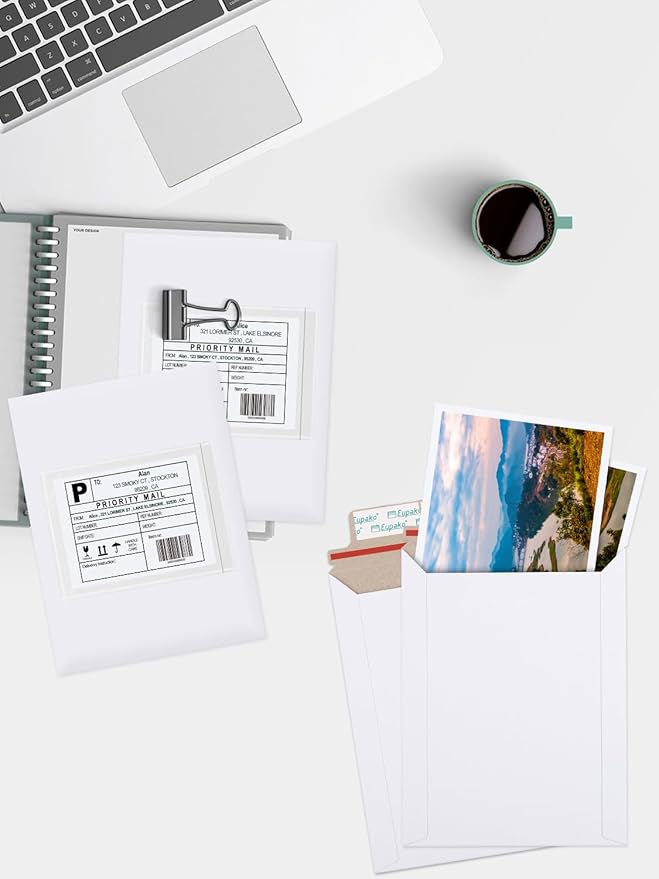 Eupako 100 Pack 6x8 Photo Document Mailer White Stay Flat Self-Seal Cardboard Envelopes for CDs, Pictures, Documents, 6.25 x 8.25 Inches