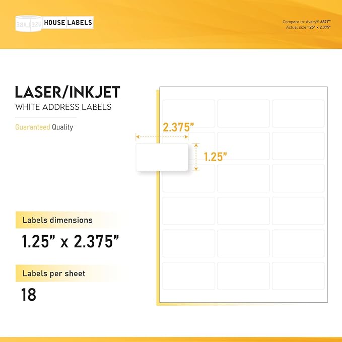 HOUSELABELS 18-up Address Labels (2-3/8" x 1-1/4") for Laser and Inkjet Printers, 50 Sheets