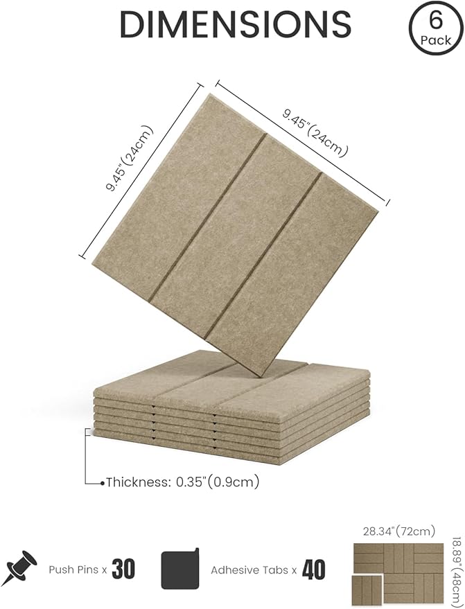 Fluxynara Felt Bulletin Board Tiles -28"x18" with 40 Adhesive Tabs, Cork Board Alternative for Office Decor, Push Pin Board Wall Organizer 6-Pack (Earth Brown)