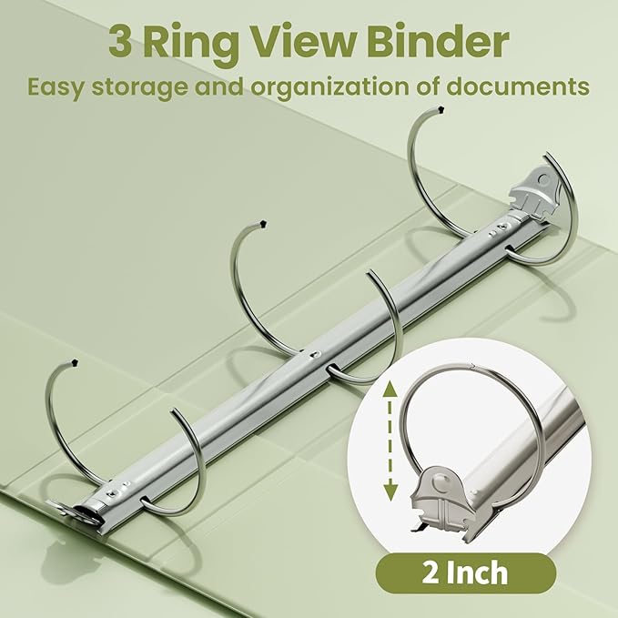 SUNEE 3 Ring Binder 2 Inch 1 Pack, Clear View Binder Three Ring PVC-Free (Fit 8.5x11 Inches) for School or Office Supplies, Sage Green
