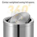 Mbillion Small Trash Can with Swing Lid 2.4 Gallons/9 Liter, Mini Trash Can with lid, Stainless Steel Cylindrical Garbage Can for Home and Office, for Ground and Desktop(Brushed Silver)