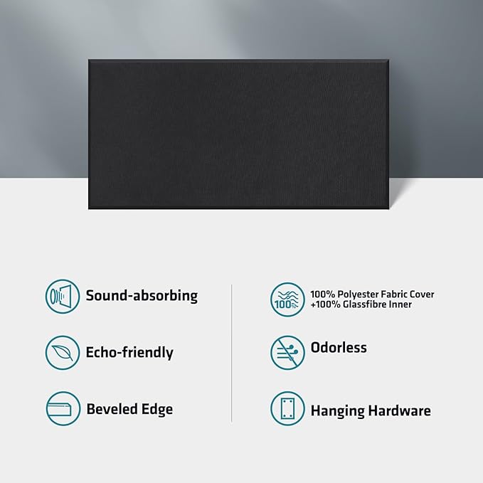 UMIACOUSTICS 4 PCS Acoustic Panels with Hanging Bracket, 2” Thick Fiberglass Sound Proof Panels Removable for Studios, Office, Home Theater Ceiling or Wall- Black