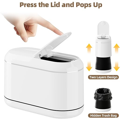 PAVSTINE Mini Trash Can for Desk with 5 Rolls of Trash Bags, Small Press-Top Countertop Garbage Bin, Removable Waste Basket for Bedroom, Vanity, Coffee Table, Kitchen (White Half-Lid)
