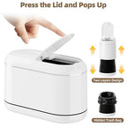 PAVSTINE Mini Trash Can for Desk with 5 Rolls of Trash Bags, Small Press-Top Countertop Garbage Bin, Removable Waste Basket for Bedroom, Vanity, Coffee Table, Kitchen (White Half-Lid)