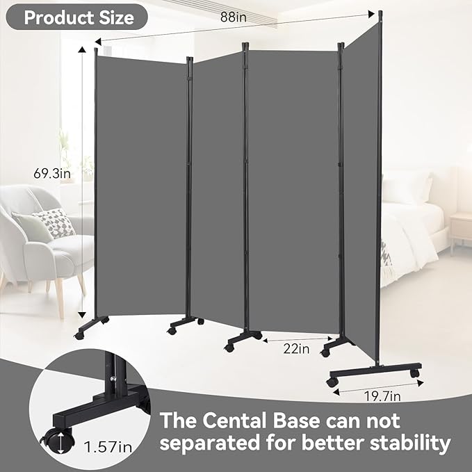 Room Divider (4 Panel) Wall Divider for Room Separation, 88 inch Wide Portable Privacy Screens W/Wheels, Metal Frame Freestanding Room Separators 5.6FT Room Partitions and Dividers