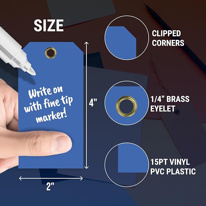 Tags 4 Less 15 Mil Waterproof Plastic Tags, Pack of 100 – 2” x 4” Heavy Duty Plastic Tags for Labeling, Outdoor Tagging, Equipment Labeling, Luggage, Valves & More (Dark Blue)