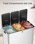 Garvee Trash Can, 15.9 gal Triple Compartments (3X20 L) Stainless Steel Kitchen Trash Can for Recycling, 5+5+5 gal Plastic Inner Buckets, Quiet Close, Brushed, Airtight, Silver