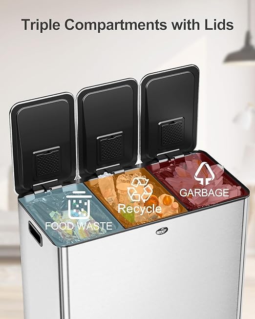 Garvee Trash Can, 24 gal Triple Compartments (3X30 L) Stainless Steel Kitchen Trash Can for Recycling, 8+8+8 gal Plastic Inner Buckets, Quiet Close, Brushed, Airtight, Silver