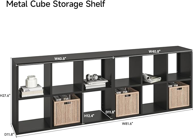 IRONMIX Metal Cube Storage Organizer, Short Bookshelf with Storage, 2 Tier Black Bookshelf, Modern Horizontal Cube Shelf, Short Display Cabinet Bookcase for Home Office Library (Black, 1037-2 Set)
