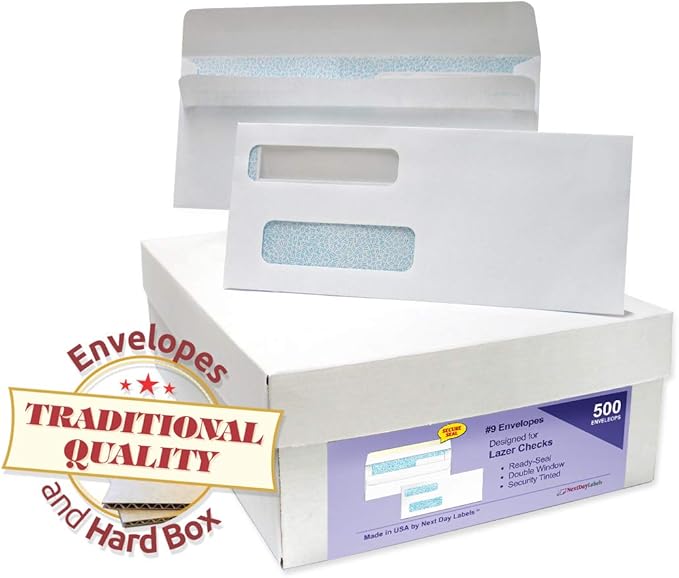 NextDayLabels #9 Double Window Check Envelopes - 500 Pack Ready-Seal Security Tinted Envelopes for QuickBooks, Sage 100, Blackbaud Checks - Self-Sealing Laser-Compatible - Made in USA