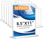 12 Pack Acrylic Sign Holder 8.5 x 11, Double-Sided Clear Sign Holder Plastic Stands for Display, T Shape Acrylic Table Sign Stands for Office Store Restaurants Wedding Party Decoration