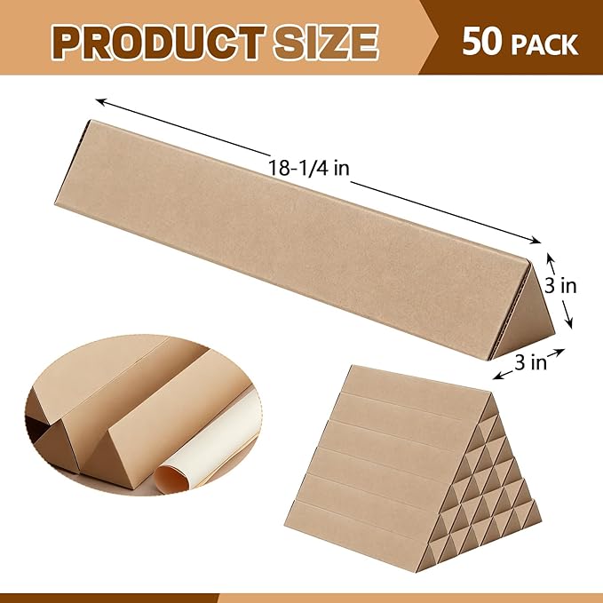 Tatuo 50 Pcs Triangle Mailing Tubes 18.25 L x 3 W x 3 H Corrugated Cardboard Box Poster Tube for Protecting, Shipping, Mailing and Storage of Blueprints, Artwork, Crafts, Long Art Holder(Brown)