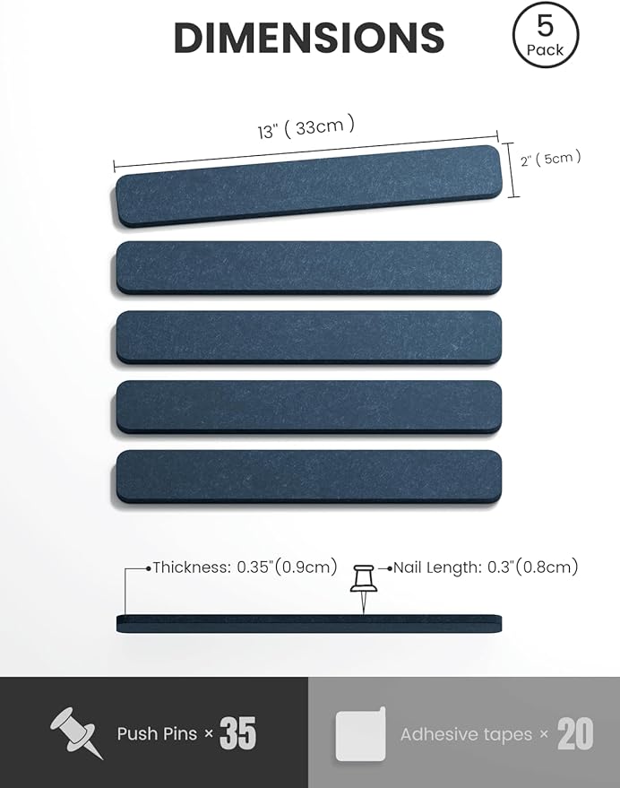 Fluxynara Cork Board Alternative Felt Strip Board 5-Pack 13"x2", Office Pin Board with 35 Push Pins, Adhesive Install for Bedroom Door & Home Office(Denim Blue)