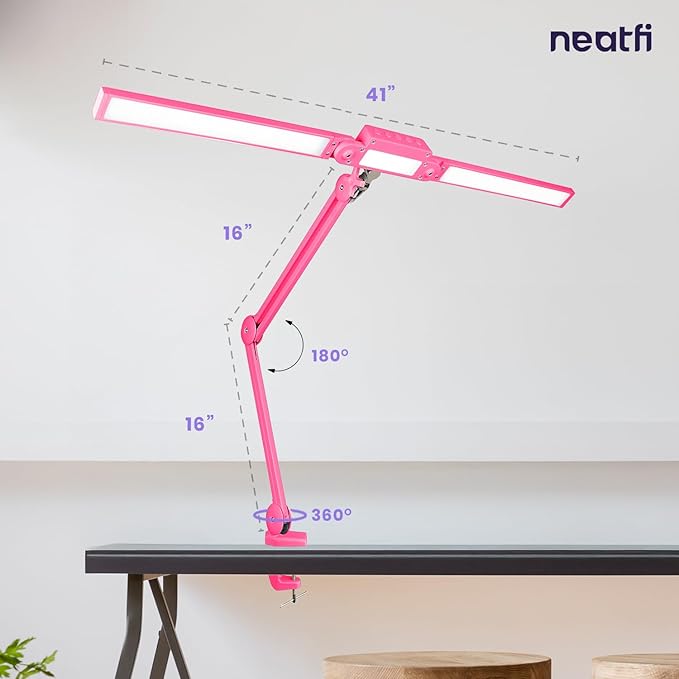 Neatfi LED Desk Lamp, Dimmable Desk Light with 360 SMD LEDs, 30W, CRI 95, Adjustable Color Temperature, Task Lamp for Home, Office, and Workbench (CCT, Pink, 41 Inches)