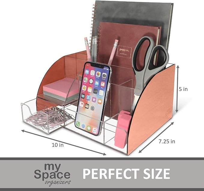 My Space Organizers Rose Gold Desk Organizer, Acrylic, 9 Compartments, Office Supplies Desk Accessories Organizer with Drawer, Pen Holder, Office Decor Desktop Organization (Rose Gold)