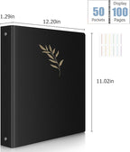 Uquelic 50-Pocket Binder with Plastic Sleeves for Letter/A4 Size(11" x 8.5"), Golden Leaf Printed Cover, Document Binder Organizer for Papers, Certificates and Artwork with Rainbow PP Divider Pages