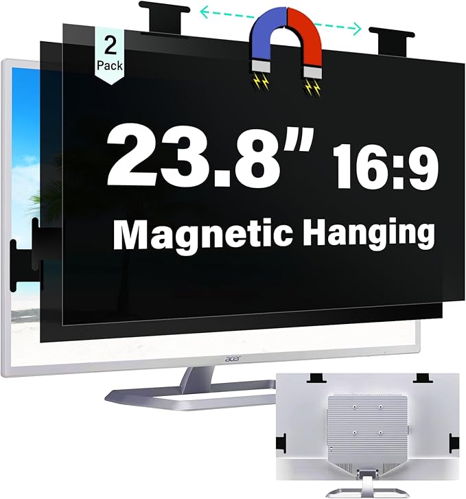[2 Pack] Magnetic Hanging 23.8 Inch Computer Privacy Screen for 16:9 Aspect Ratio Widescreen Monitor, Eye Protection Anti Glare Blue Light Computer Monitor Privacy Filter, Removable 23.8 in Protector Film