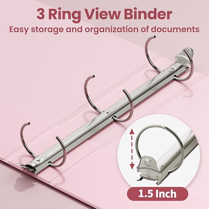 SUNEE 3 Ring Binder 1.5 Inch 1 Pack, Clear View Binder Three Ring PVC-Free (Fit 8.5x11 Inches) for School or Office Supplies, Pink