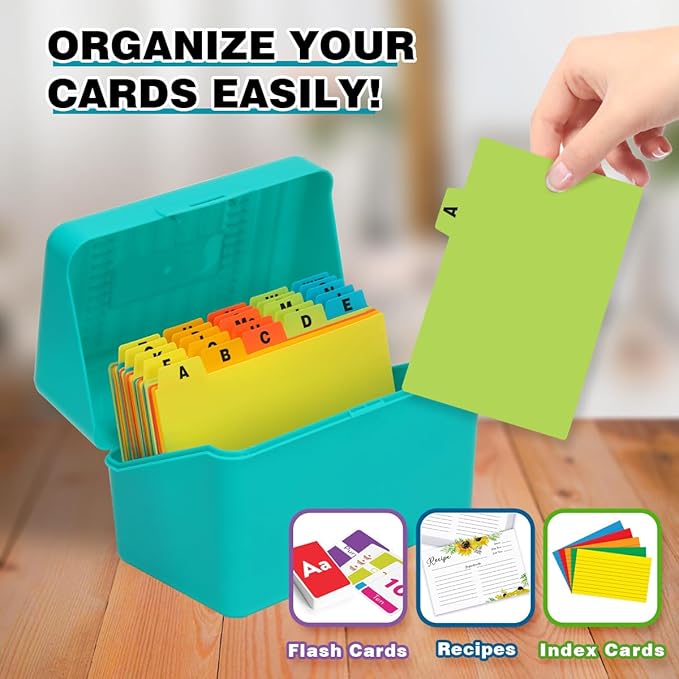 H4D Index Card Holder 4x6 Inches with 25 Plastic Dividers, Teal