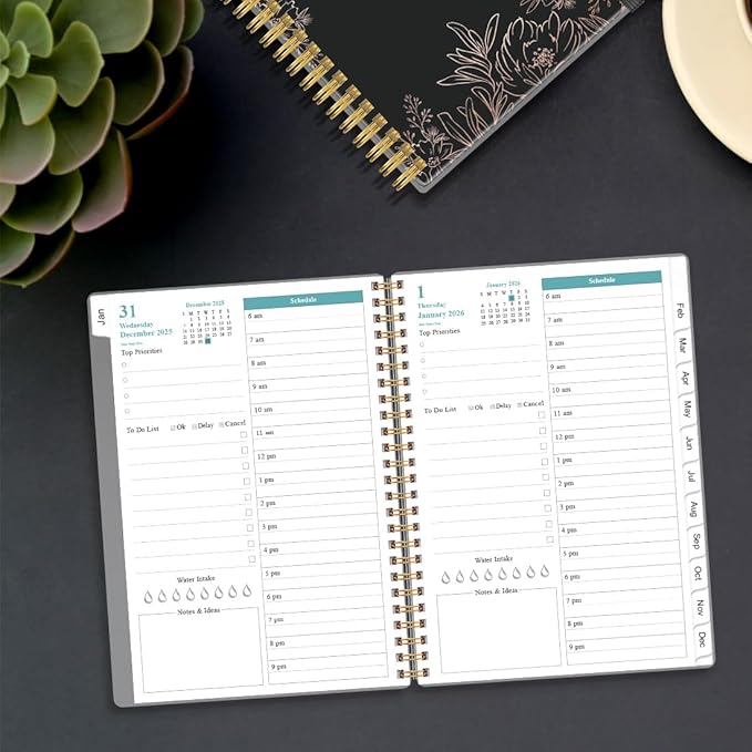 Daily Planner 2026 Full Page Per Day- 2026 Daily & Monthly Planner from January 2026 to December 2026, Day Planner 2026 with 12 Months Tabs, 6.4" x 8,5", Black Flowers