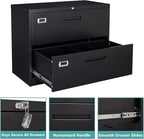 MIIIKO Lateral File Cabinet 2 Drawer, Black Metal File Cabinet with Lock, 35.4" Wide Drawers Storage File Cabinet for Hanging Files Folders Letter/Legal/A4 Size