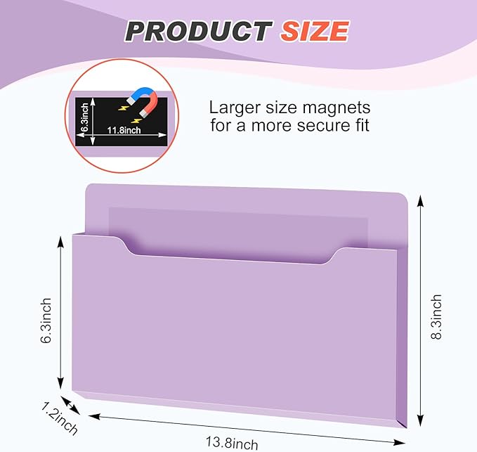 Magnetic Pocket File Holder Large File Folder Organizer Paper Mail Letters Holder Wall Hanging Office Supplies for Refrigerator Whiteboard Cabinets(13.8 x 8.3 Inch,Horizontal,Purple)