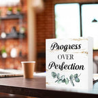 WUZYOU Inspirational Wood Box Sign - Progress Over Perfection Motivational Quote - 5x5x1 Inch Wooden Plaque - Positive Wall Decor for Home & Office - Desk Display