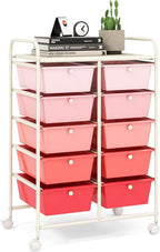 LDAILY 10 Drawer Rolling Cart, Storage Cart Organizer on Wheels, Drawer Cart with Metal Frame & Large Storage Capacity, Rolling Cart with Drawers for Living Room Classroom, Office