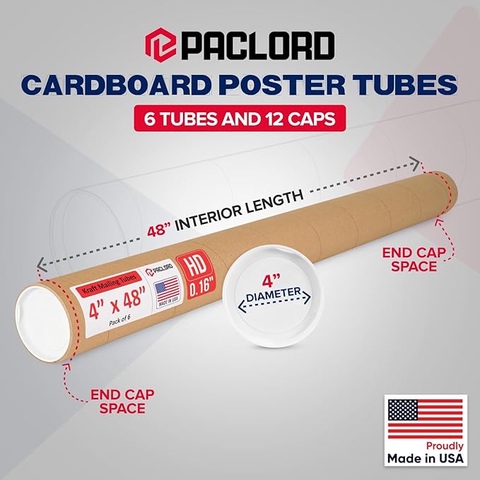 Paclord 4" x 48" Heavy-Duty Reinforced Cardboard Mailing Tube, Pack of 6 Tubes with 12 Caps – Secure USPS Approved – Great for Shipping and Storing of Prints, Artwork, Posters or Documents