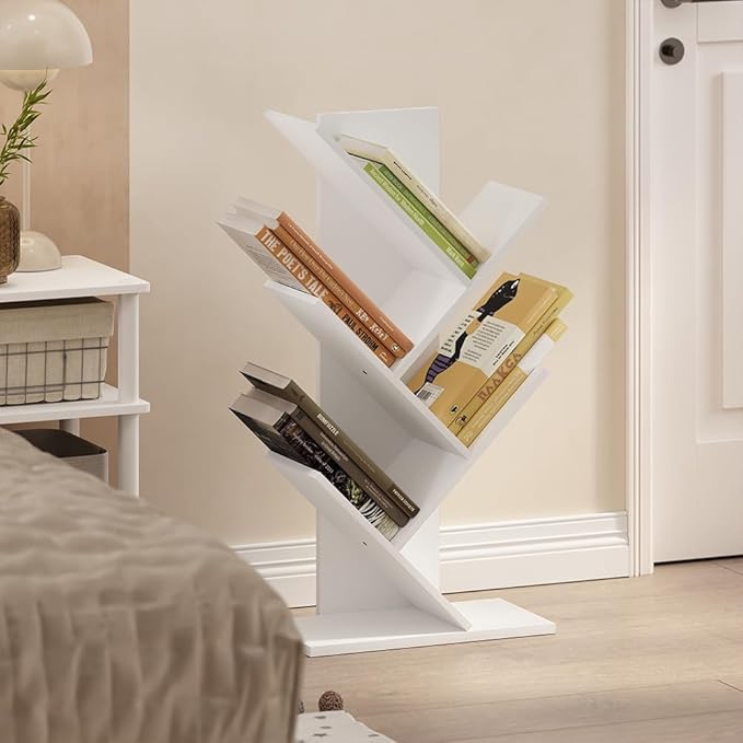 Furinno Tree Book Shelf, 5-Tier Bookshelf, Tree Bookcase for Room Decor, 8.4 x 15.7 x 30.3, for Living Room, Bedroom, Home Office, White