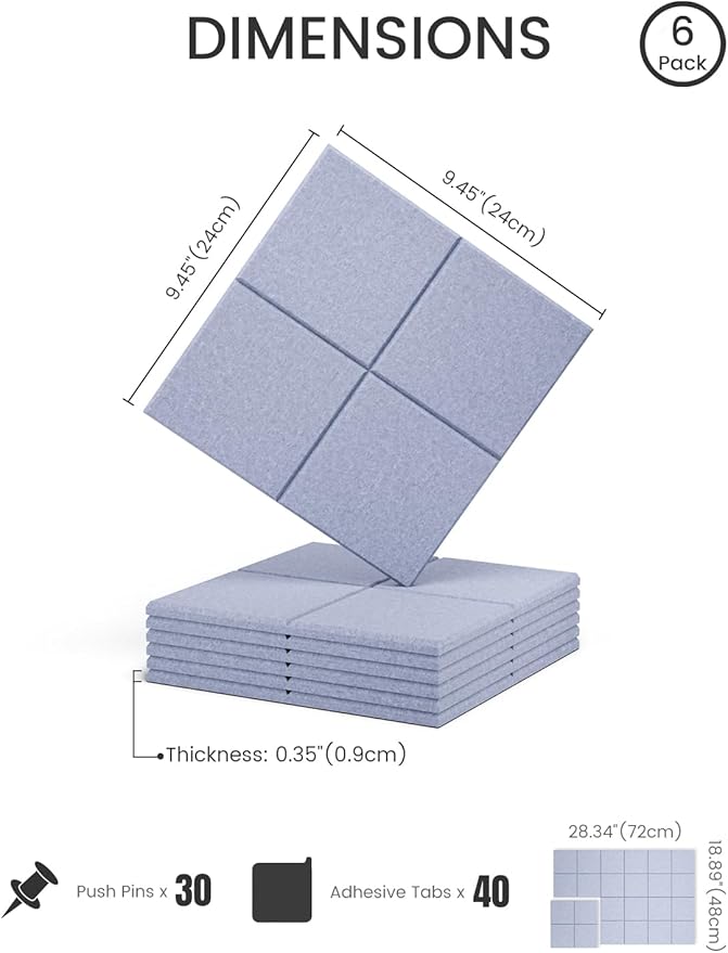 Fluxynara Felt Bulletin Board Tiles -28"x18" Cork Board Alternative for Office Decor, Push Pin Board Wall Organizer 6-Pack-Soft Periwinkle