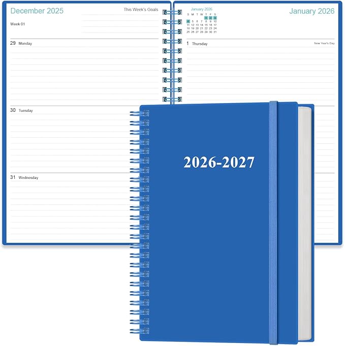 2026-2027 Planner - Weekly & Monthly Planner from January 2026 - June 2027, Spiral Planners 2026-2027 with Elastic Closure, Inner Pocket, Medium 5.8" x 8.3", Blue
