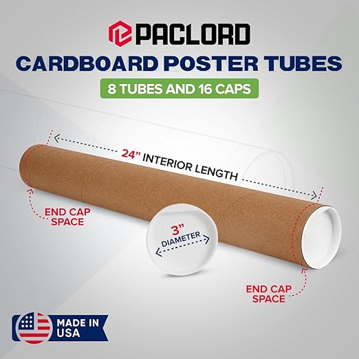 3" x 24" Reinforced Kraft Paper Mailing Tubes, Pack of 8 Tubes with 2 Caps Each – USPS Approved Poster Tube – Made in USA Cardboard Tube for Shipping and Storing Posters, Prints, Artwork, or Documents