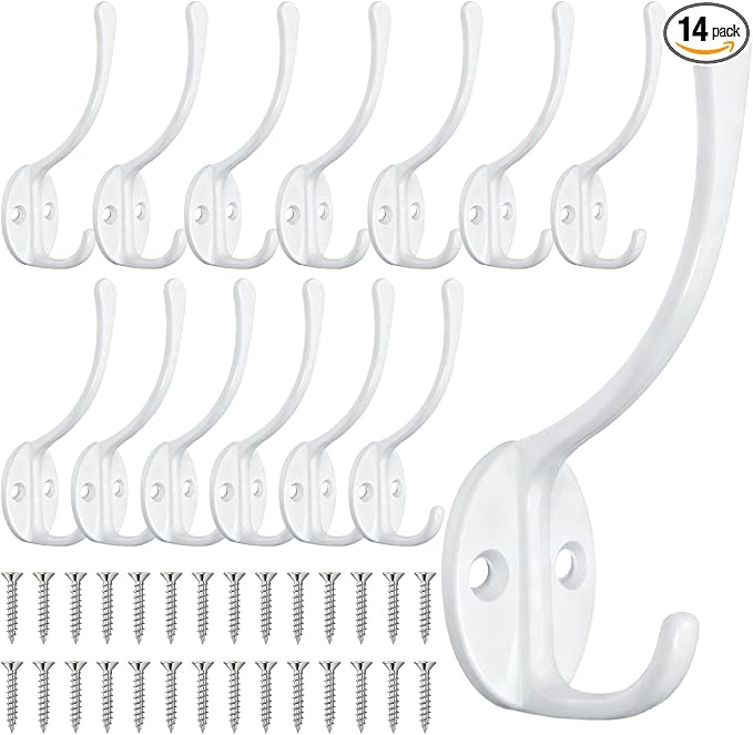 Homanu 14 Pack Coat Hooks Wall Mounted with 28 Screws, Heavy Duty White Towel Hooks Metal Double Hooks, No Rust Retro Rustic Wall Hooks for Hanging Towel, Coat, Scarf, Bag, Hat, Cup, Key
