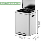 8 Gallon (2 x 15 L) Dual Trash Can, Stainless Steel Garbage Can with Soft-Close Lid for Kitchen, Hands-Free Recycle Bin with 2 Compartment Removable Inner Bucket for Home, Office