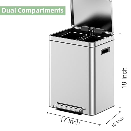 8 Gallon (2 x 15 L) Dual Trash Can, Stainless Steel Garbage Can with Soft-Close Lid for Kitchen, Hands-Free Recycle Bin with 2 Compartment Removable Inner Bucket for Home, Office