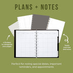 Happy Planner Undated Plans + Notes Monthly Planner Notebook Journal, 12-Month Planner, Modern Texture, Classic Size, 60 Pages, 4 Dividers, 4 Sticker Sheets, 7" x 9.25"