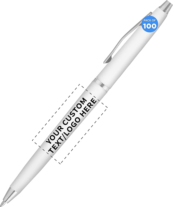 DISCOUNT PROMOS Custom Langham Ballpoint Ink Pen - Set of 100 Writing Pens for Work - Cool Pens for Writing, Black Ink, White