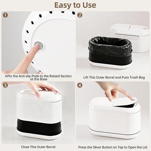 PAVSTINE Mini Trash Can for Desk with 5 Rolls of Trash Bags, Small Press-Top Countertop Garbage Bin, Removable Waste Basket for Bedroom, Vanity, Coffee Table, Kitchen (White Half-Lid)