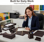 RitPin Desk Set, 11-Piece All-in-One – Executive Desk Accessories & Office Supplies, Leather Desk Organizer with Desk Pad & Blotter, 2-Tier Letter Tray, Luxury Office Desk Decor & Boss Gifts (Brown)