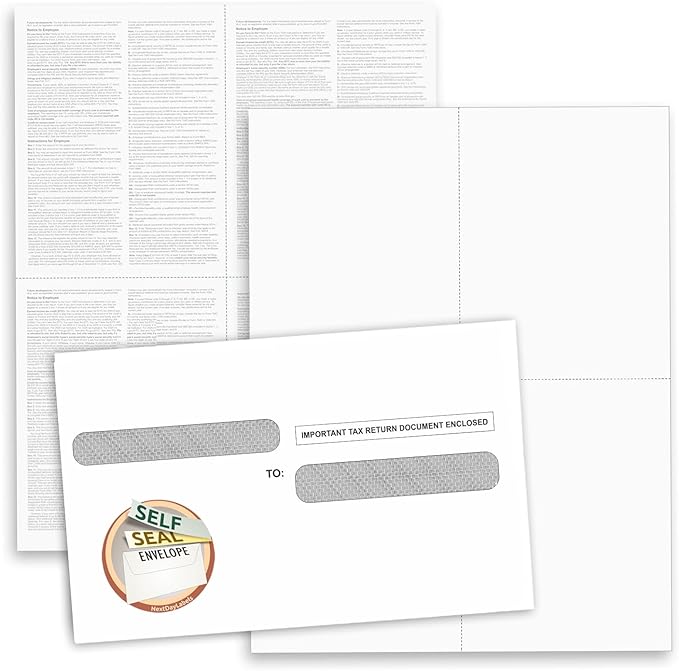 NextDayLabels - W-2 4-Up Employee Tax Forms, Instructions on Back" for 2025, for Laser/Inkjet Printer. Compatible with QuickBooks and Accounting Software (Pack of 100 Sheets & Self Seal Envelopes)