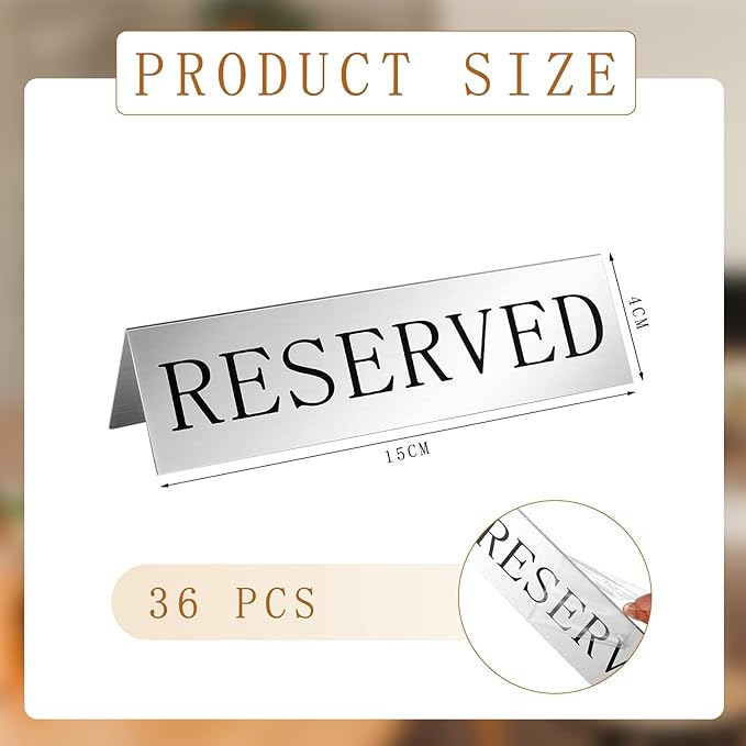 Peryiter Metal Reserved Table Signs Metal Reserved Sign Double Sided Table Stand Tents Seating Tent for Wedding Restaurant Ceremony, 5.91 x 3.15 Inch(Silver,36 Pcs)