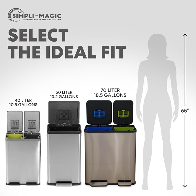 70 Liter / 18.5 Gallon Rectangular Hands-Free Dual Compartment Recycling Kitchen Step Trash Can with Soft-Close Single Lid, Stainless Steel (40L x 30L Capacity) Rose Gold Finish