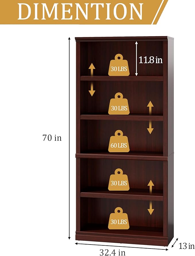 blini 5-Shelf Tall Bookcase Wooden Bookshelves 33in Wide Floor Standing Display Storage Shelves Mahogany Bookcase for Home Office, Living Room, Bed Room