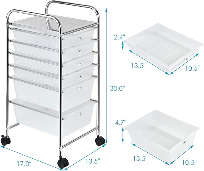 Giantex 6 Storage Drawer Cart Rolling Organizer Cart for Tools Scrapbook Paper Home Office School Multipurpose Mobile Utility Cart (Clear White)