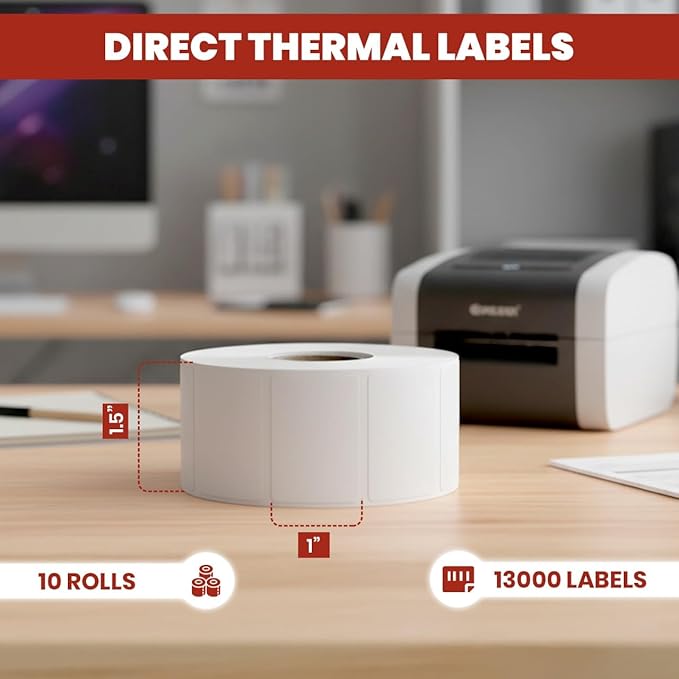 1 1/2" × 1" Direct Thermal Printer Labels, 10 Rolls, 13,000 Matte White Thermal Barcode Labels with Strong Adhesive, Compatible with Zebra & Eltron Printers (No Ink or Toner Needed)