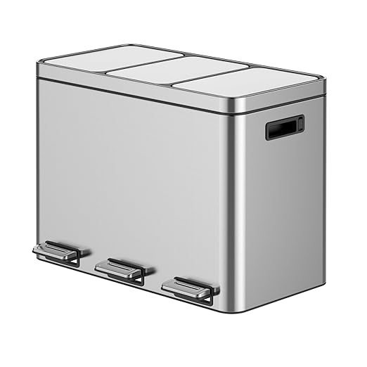 OUTLANE 45L Triple Compartment Stainless Steel Recycling Bin, Step Pedal, Soft Close Lid, Removable Liners, Smudge Resistant, Kitchen/Office Waste Sorter, 37.6x63x46.8cm