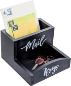 MyGift Urban Modern Mail Holder and Key Organizer Tray in Black Stained Solid Wood Finish, Entryway Storage Catchall with Cursive Mail and Keys Word Design, Office Desktop Organizing Bin