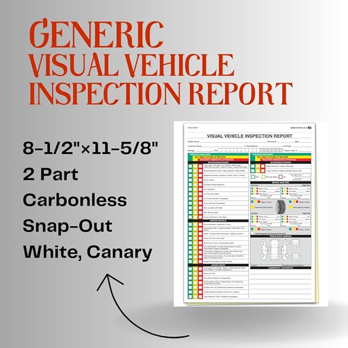 Visual Vehicle Inspection Report – 2-Part Carbonless Vehicle Checklist, Snap-Out Auto Service Forms, Fleet Maintenance Logs, Car Checkup Sheets - White & Canary 8.5"×11" - Pack of 750