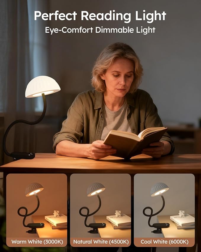 Cordless Clip On Lamp, Touch Control Desk Lamp with RGB Ambient Mode & 3000K–6000K, Rechargeable Dimmable Book Reading Light with Flexible Arm Sturdy Clamp On Table Bedside Headboard, Battery Operated